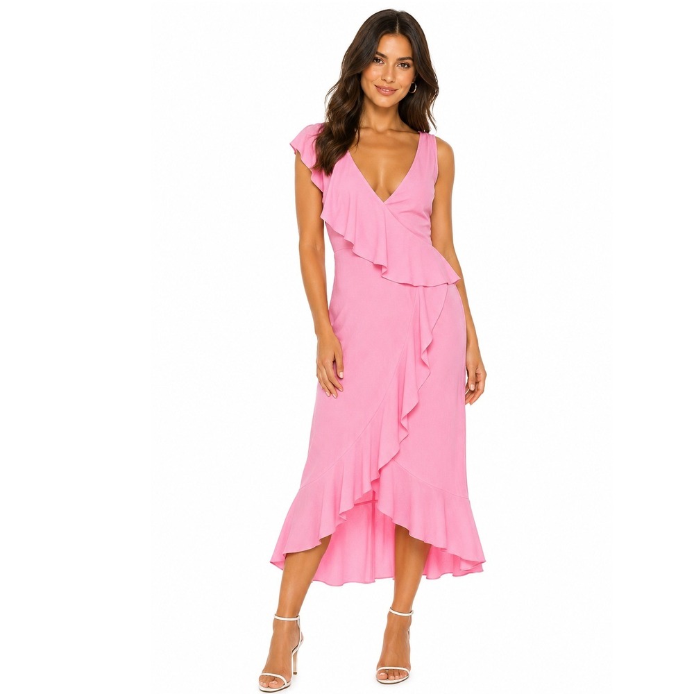 Zara Pink Ruffle Ribbed Midi Dress Sleeveless High Low V-Neck Size L